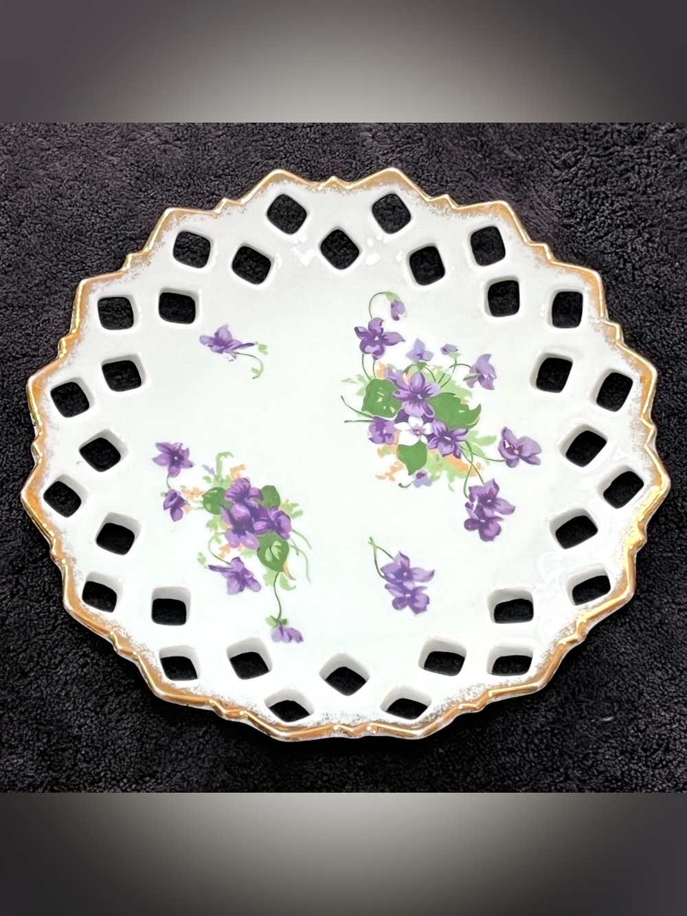 Vintage Fine China Reticulated Sweet Violet Plate Pierced Rim Gold Trim